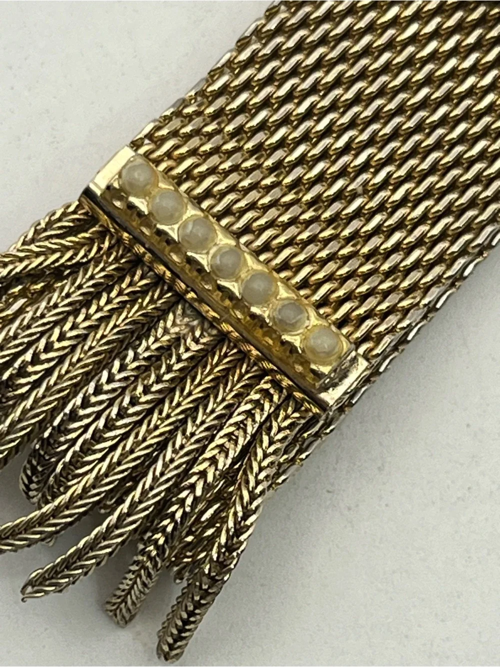Victorian Revival gold tone mesh tassel slider adjustable rhinestone bracelet